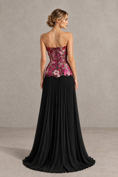 BOLODOO Black Fuchsia Strapless Floral Applique Pleated Evening Dress - Black Fuchsia - Black Fuchsia (2)