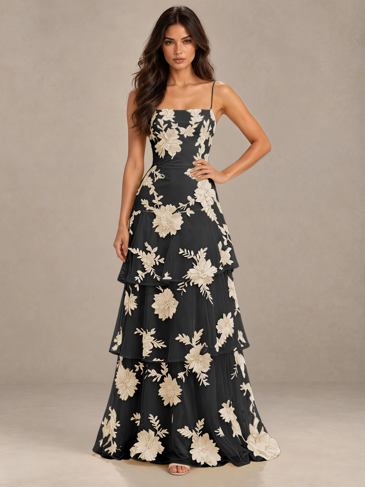 BOLODOO Black Gold Floral Applique Tiered Prom Dress with Lace-Up Back - Black Gold - Black Gold-1
