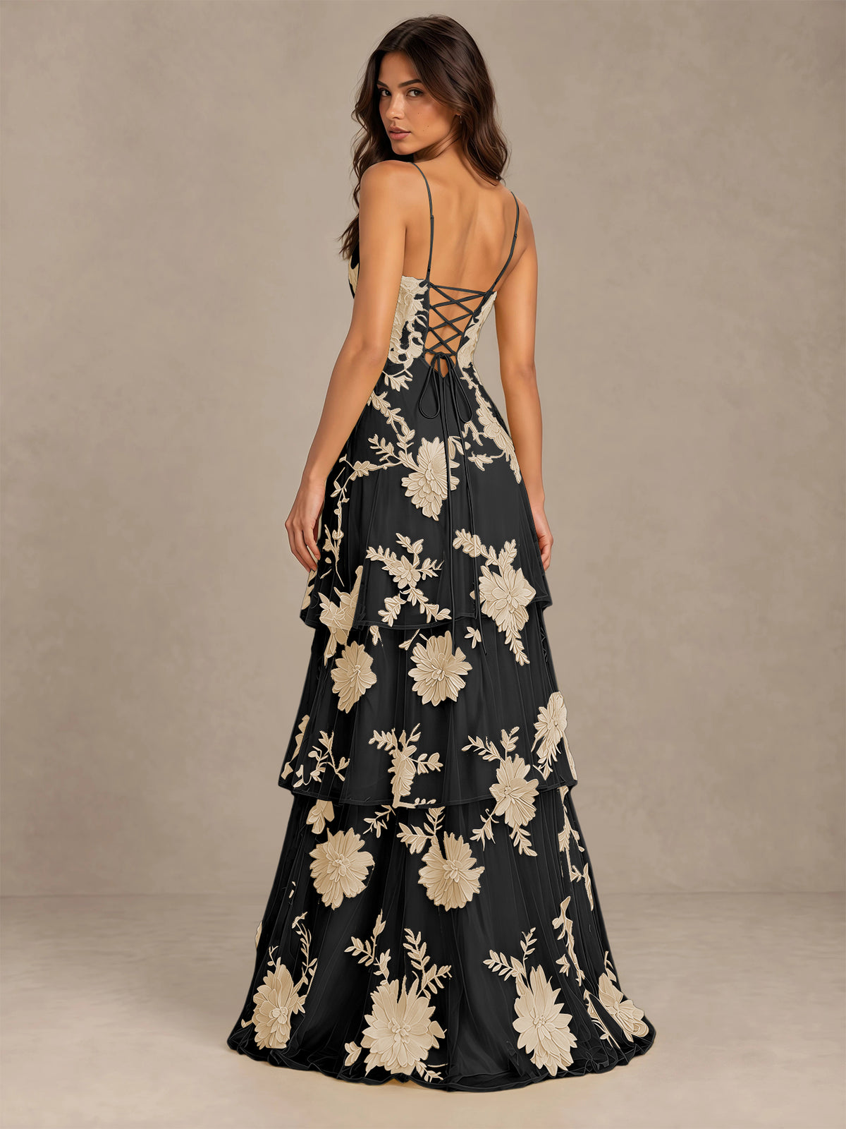BOLODOO Black Gold Floral Applique Tiered Prom Dress with Lace-Up Back - Black Gold - Black Gold-2