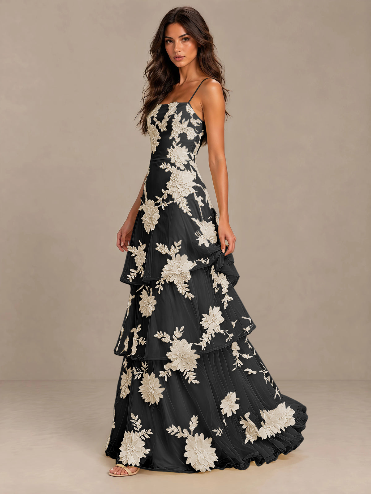 BOLODOO Black Gold Floral Applique Tiered Prom Dress with Lace-Up Back - Black Gold - Black Gold-3