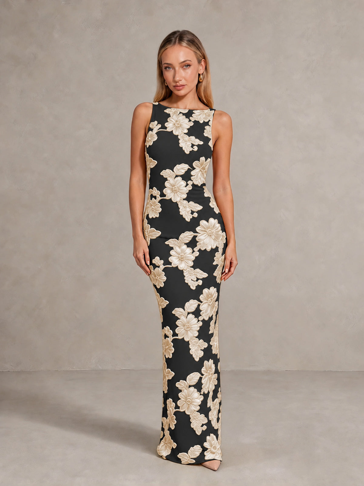BOLODOO Black Gold Floral Sleeveless Maxi Wedding Guest Dress - Black Gold - Black Gold(1)