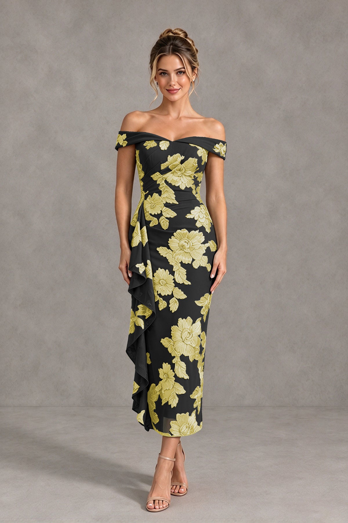 BOLODOO Black Gold Off Shoulder Floral Jacquard Midi Dress - Black Gold - Black Gold(1)