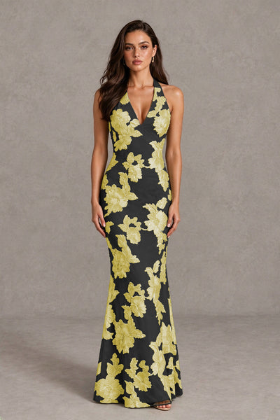 BOLODOO Black Gold Floral Jacquard Halter Maxi Dress - Black Gold - Black Gold(1)