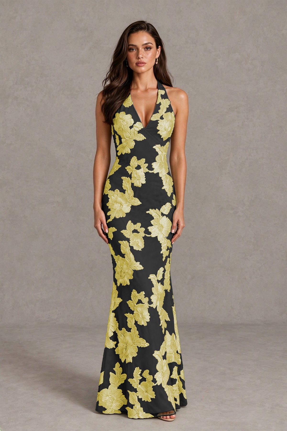 BOLODOO Black Gold Floral Jacquard Halter Maxi Dress - Black Gold - Black Gold(1)