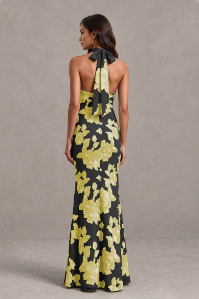 BOLODOO Black Gold Floral Jacquard Halter Maxi Dress - Black Gold - Black Gold(2)