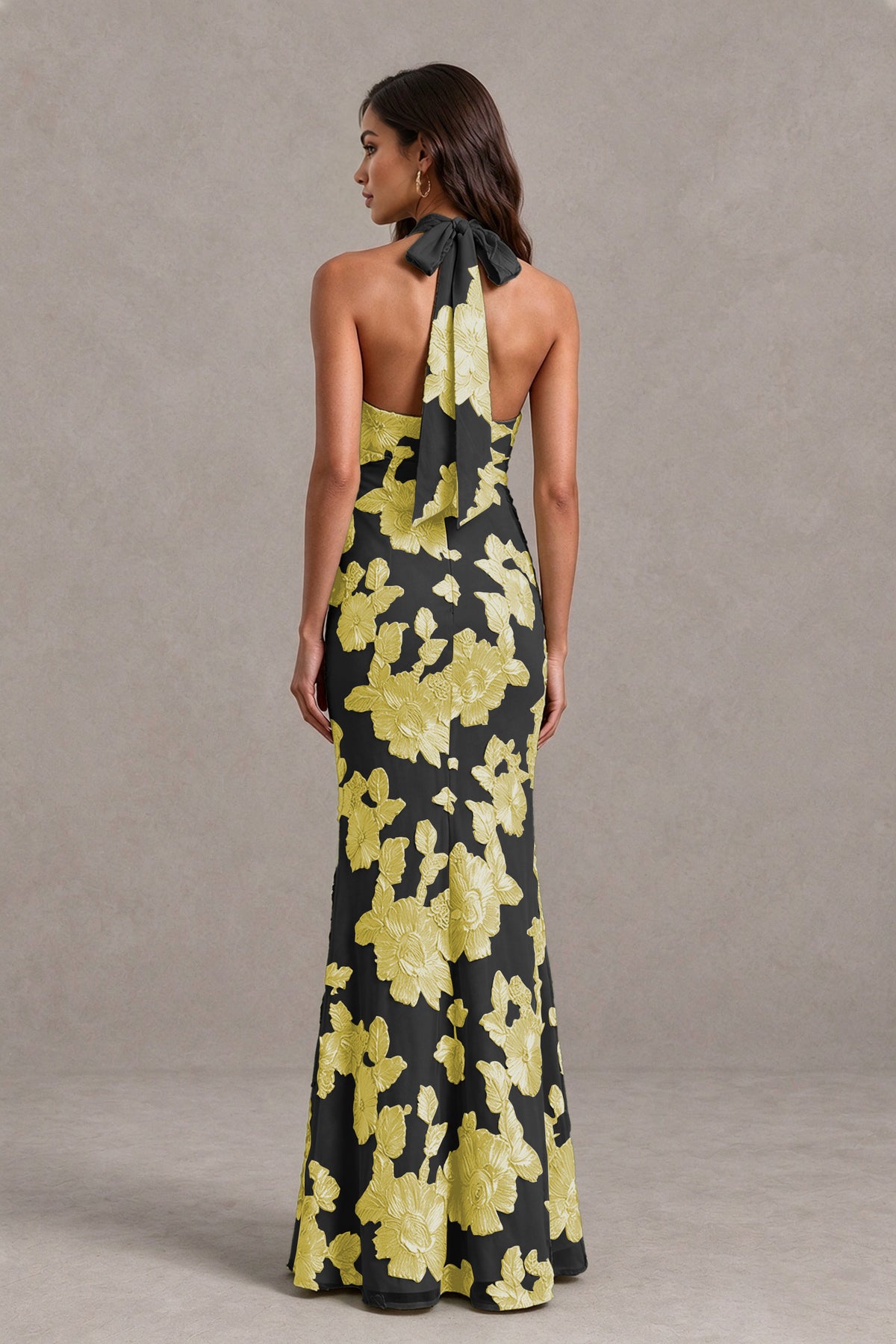 BOLODOO Black Gold Floral Jacquard Halter Maxi Dress - Black Gold - Black Gold(2)