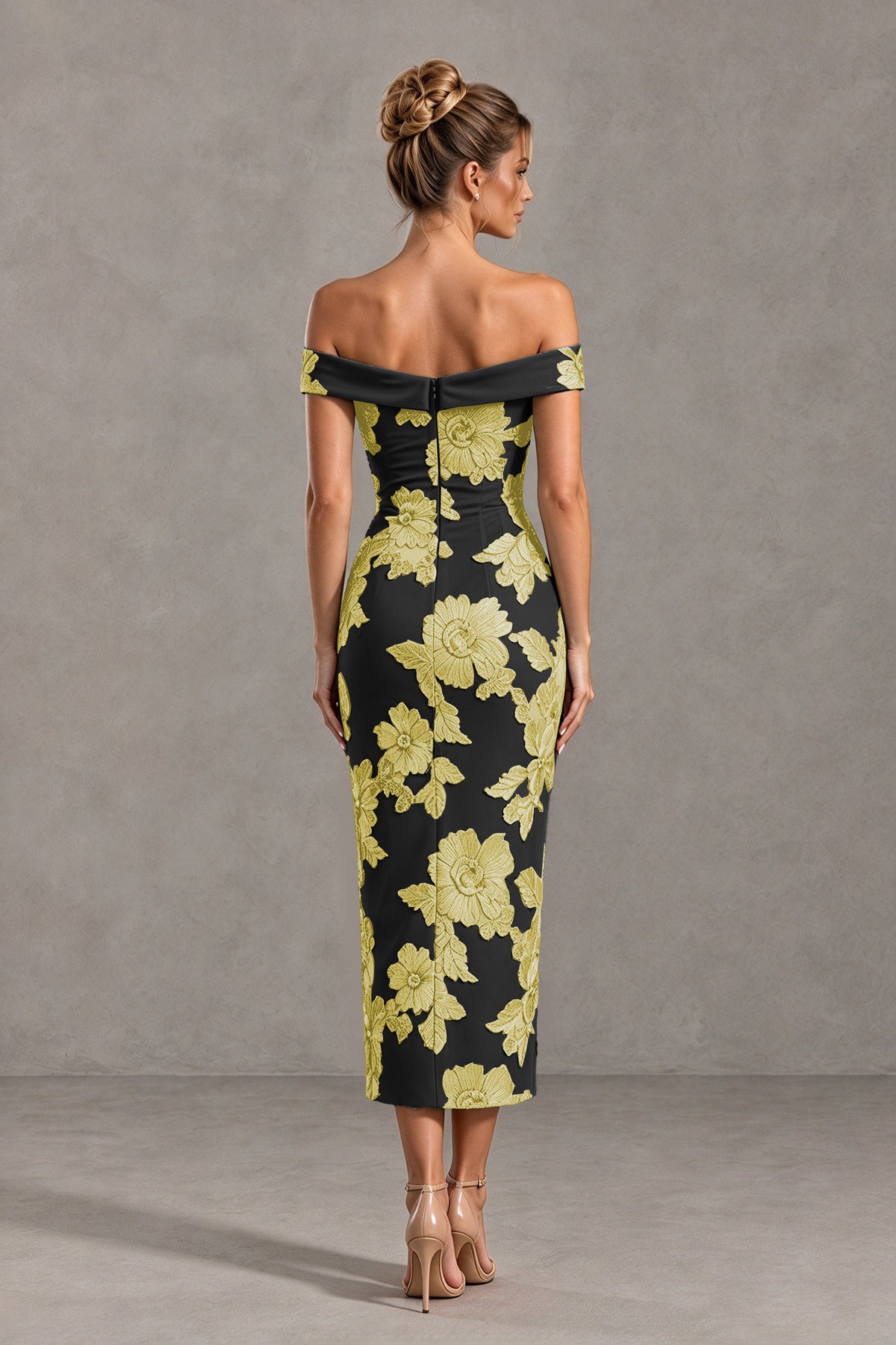 BOLODOO Black Gold Off Shoulder Floral Jacquard Midi Dress - Black Gold - Black Gold(2)