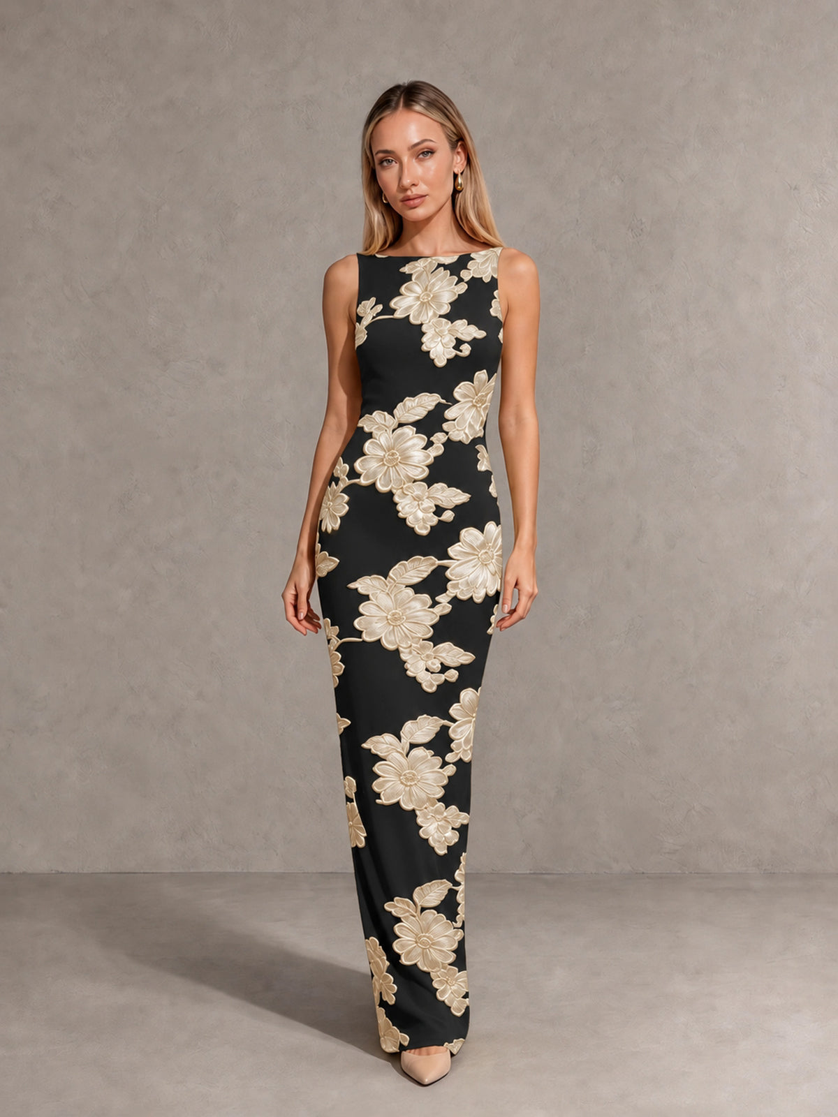 BOLODOO Black Gold Floral Sleeveless Maxi Wedding Guest Dress - Black Gold - Black Gold(3)