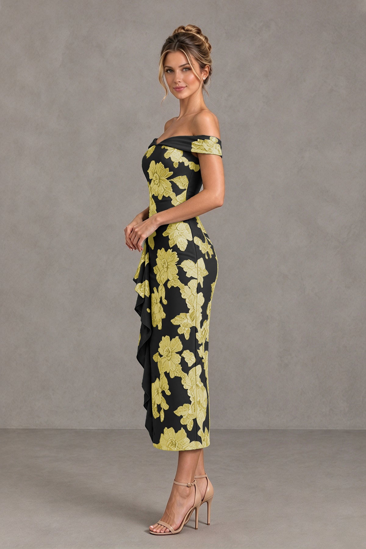 BOLODOO Black Gold Off Shoulder Floral Jacquard Midi Dress - Black Gold - Black Gold(3)