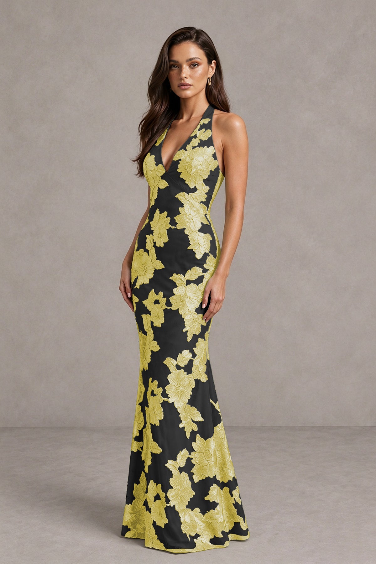 BOLODOO Black Gold Floral Jacquard Halter Maxi Dress - Black Gold - Black Gold(3)