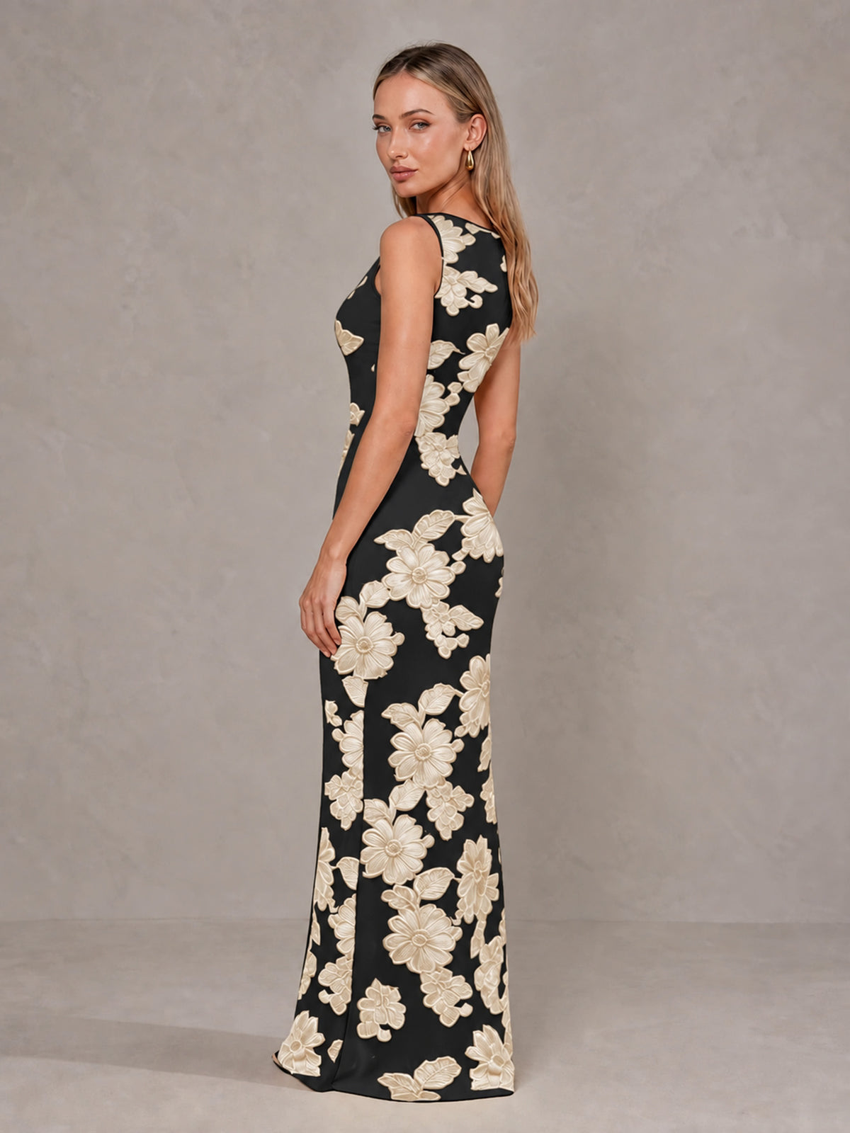 BOLODOO Black Gold Floral Sleeveless Maxi Wedding Guest Dress - Black Gold - Black Gold(4)