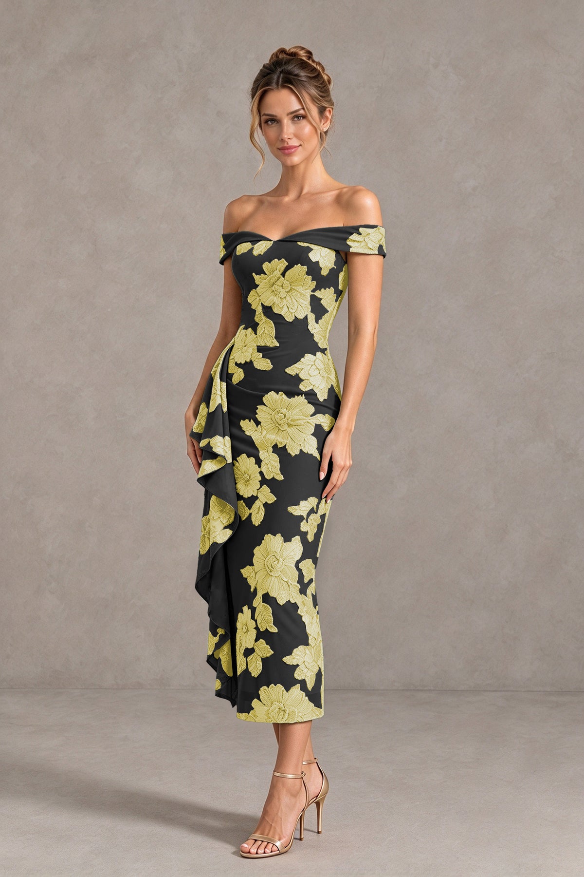 BOLODOO Black Gold Off Shoulder Floral Jacquard Midi Dress - Black Gold - Black Gold(4)