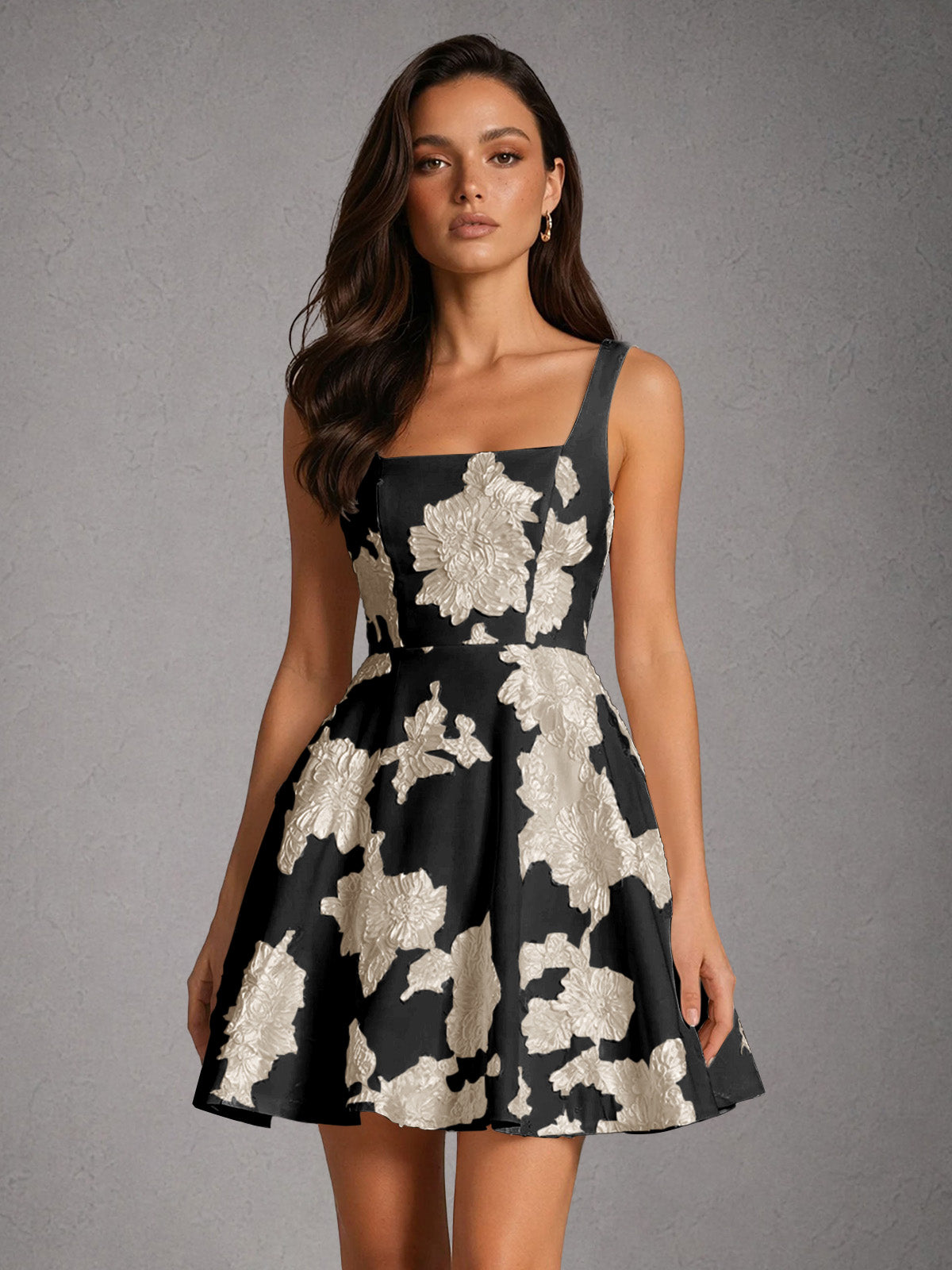 BOLODOO Pearl Black Gold Iridescent Floral Embroidered Square Neck Wide Strap A-Line Mini Dress with Lace-Up Back - Black Gold