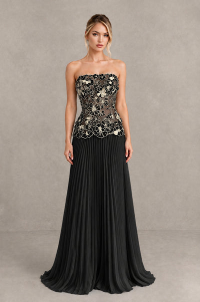 BOLODOO Black Gold Strapless Floral Applique Pleated Evening Dress - Black Gold - Black Gold (1)