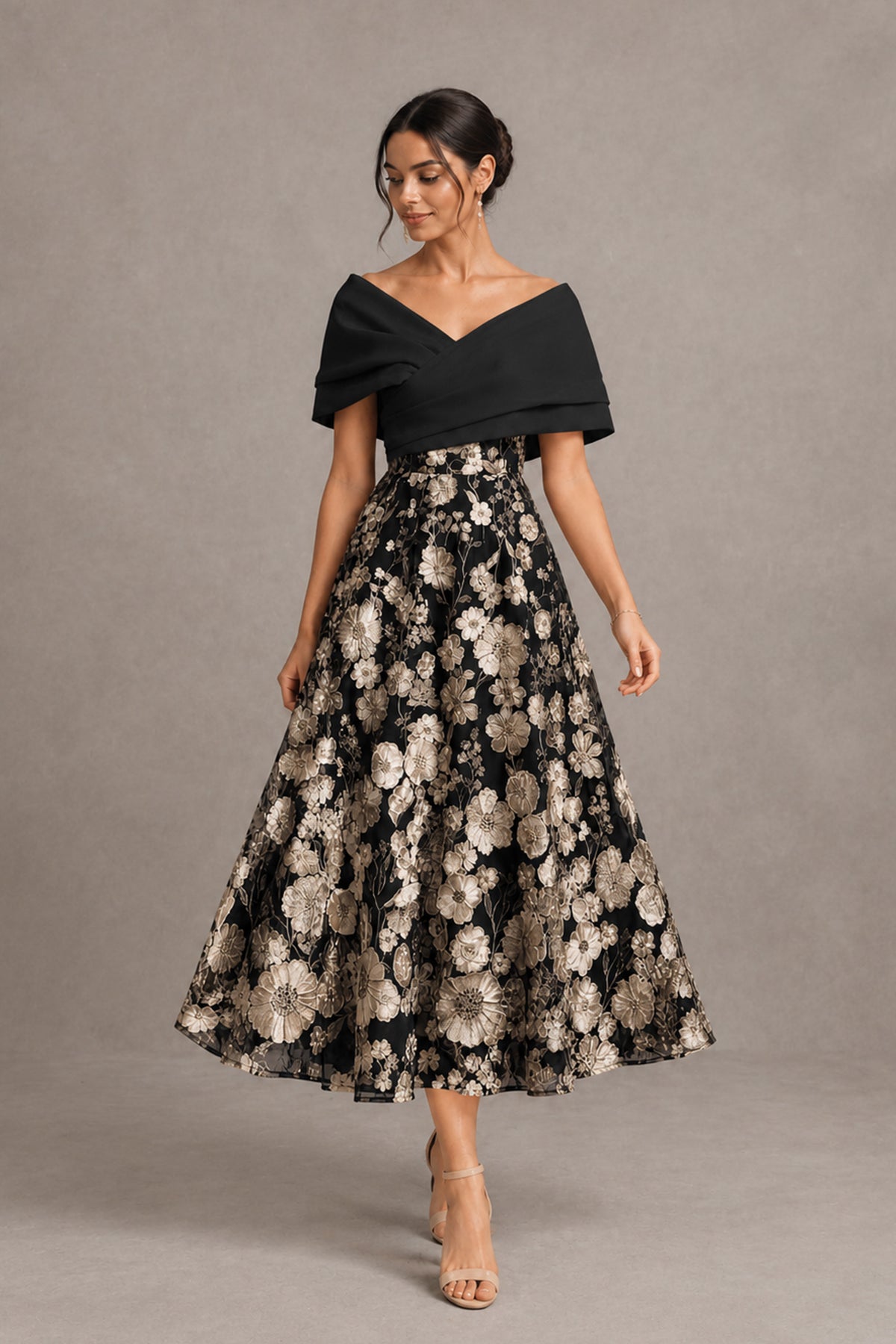Black Gold Off-Shoulder Satin & 3D Floral Embroidered Tulle Tea Length A-Line Dress - Black Gold