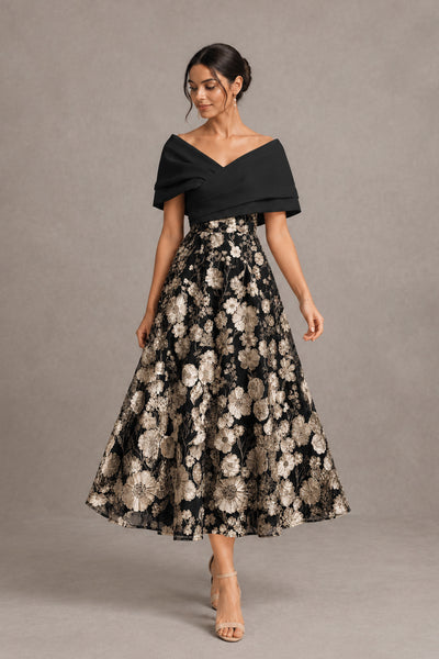 Black Gold Off-Shoulder Satin & 3D Floral Embroidered Tulle Tea Length A-Line Dress - Black Gold