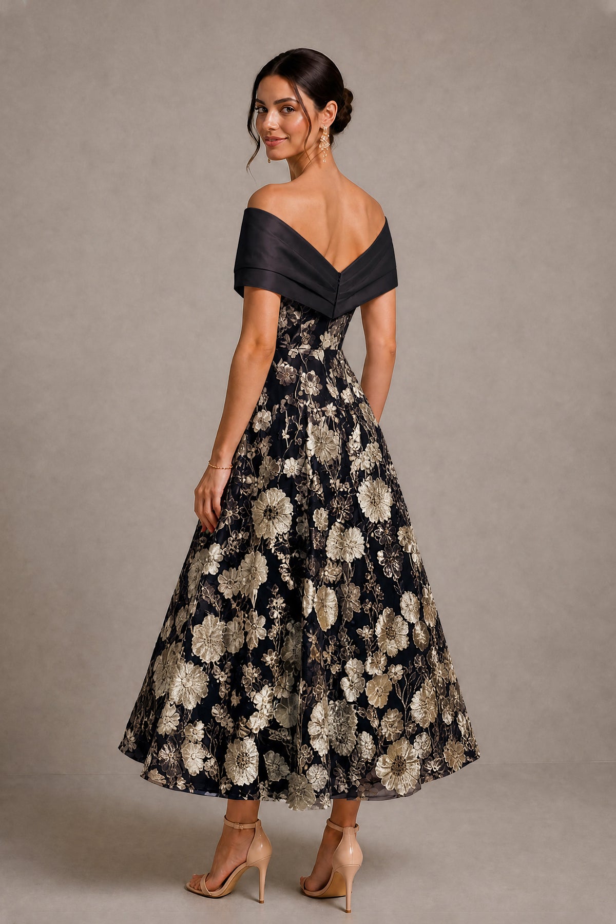 Black Gold Off-Shoulder Satin & 3D Floral Embroidered Tulle Tea Length A-Line Dress - Black Gold