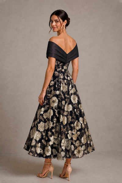 Black Gold Off-Shoulder Satin & 3D Floral Embroidered Tulle Tea Length A-Line Dress - Black Gold