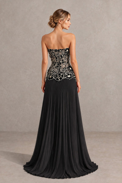 BOLODOO Black Gold Strapless Floral Applique Pleated Evening Dress - Black Gold - Black Gold (2)