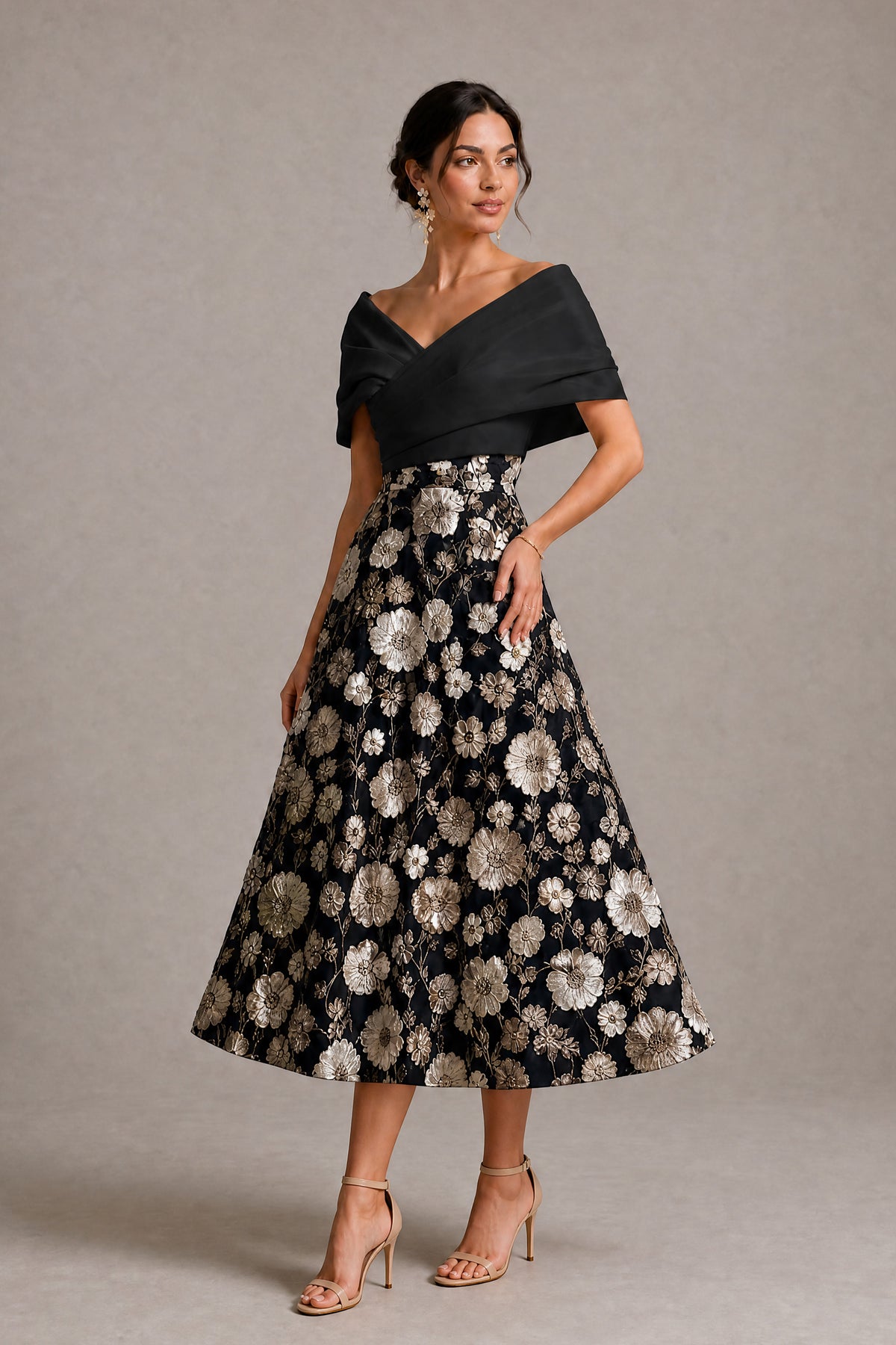 Black Gold Off-Shoulder Satin & 3D Floral Embroidered Tulle Tea Length A-Line Dress - Black Gold
