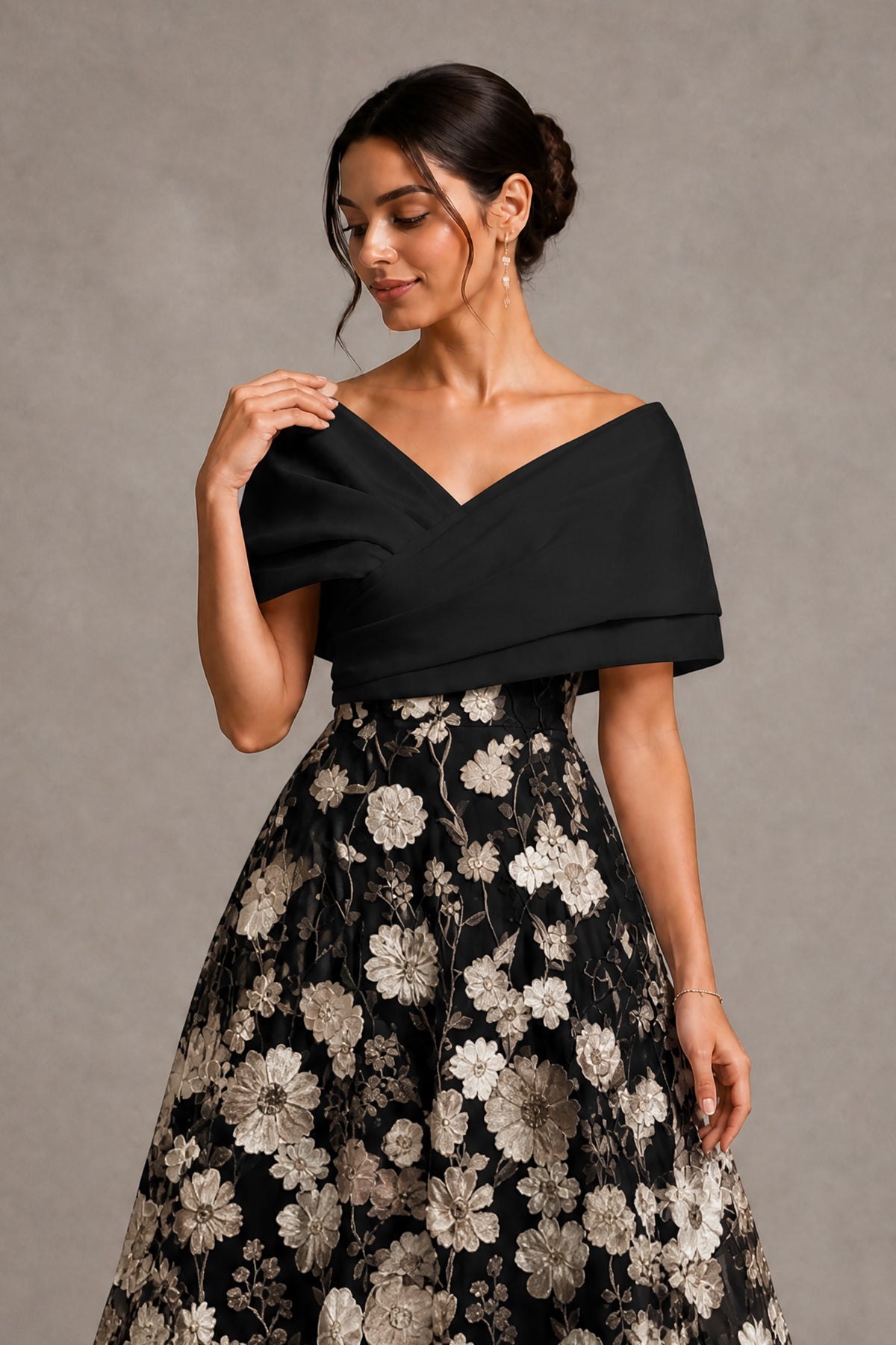 Black Gold Off-Shoulder Satin & 3D Floral Embroidered Tulle Tea Length A-Line Dress - Black Gold