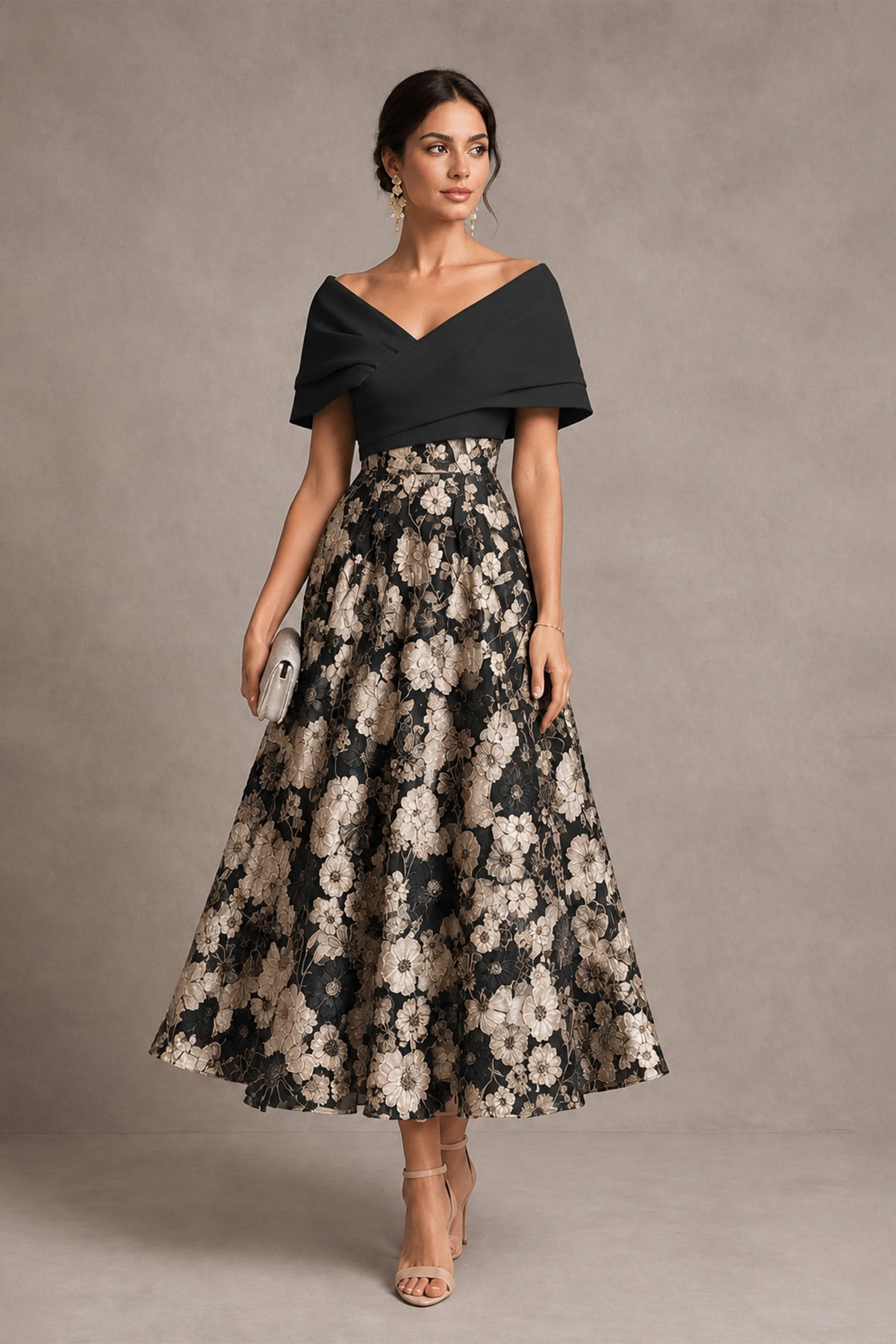 Black Gold Off-Shoulder Satin & 3D Floral Embroidered Tulle Tea Length A-Line Dress - Black Gold