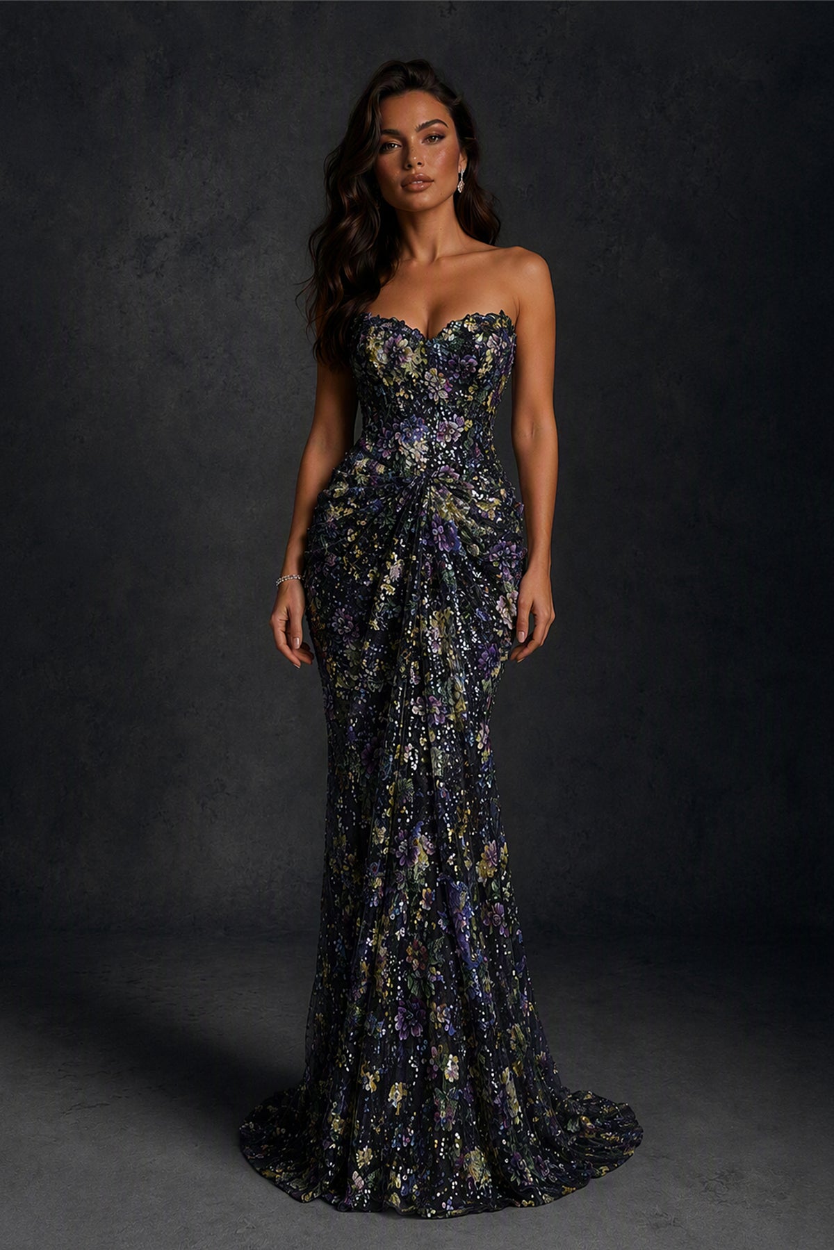 BOLODOO Black Lavender 3D Floral Sequin Strapless Mermaid Evening Gown with Sweep Train - Black Lavender
