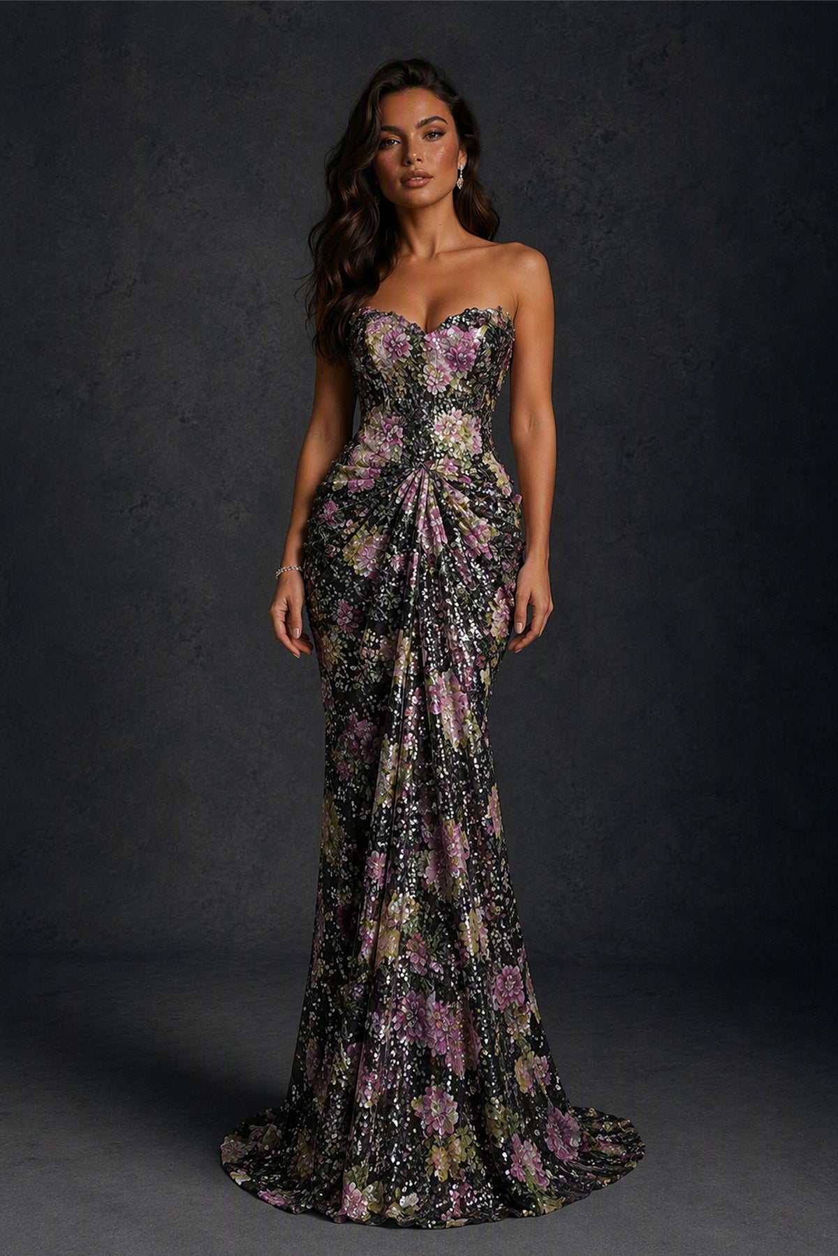 BOLODOO Black Lilac 3D Floral Sequin Strapless Mermaid Evening Gown with Sweep Train - Black Lilac