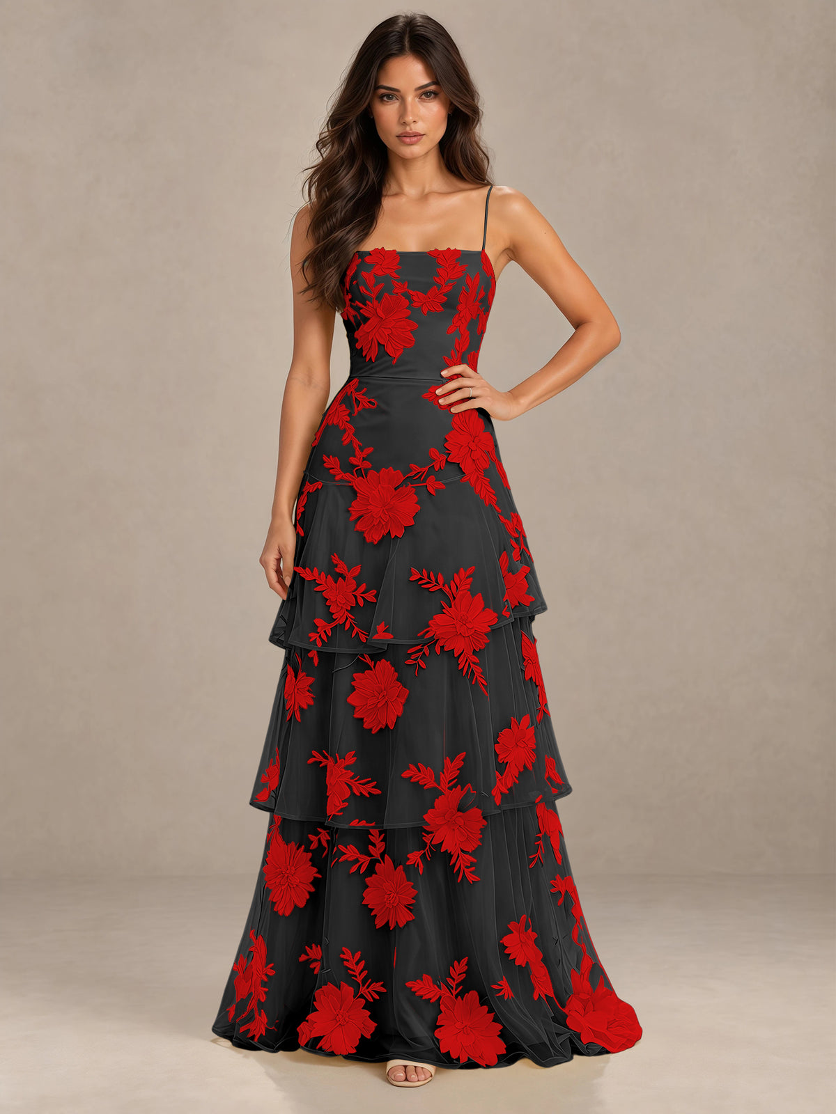 BOLODOO Black Red Floral Applique Tiered Prom Dress with Lace-Up Back - Black Red - Black Red-1