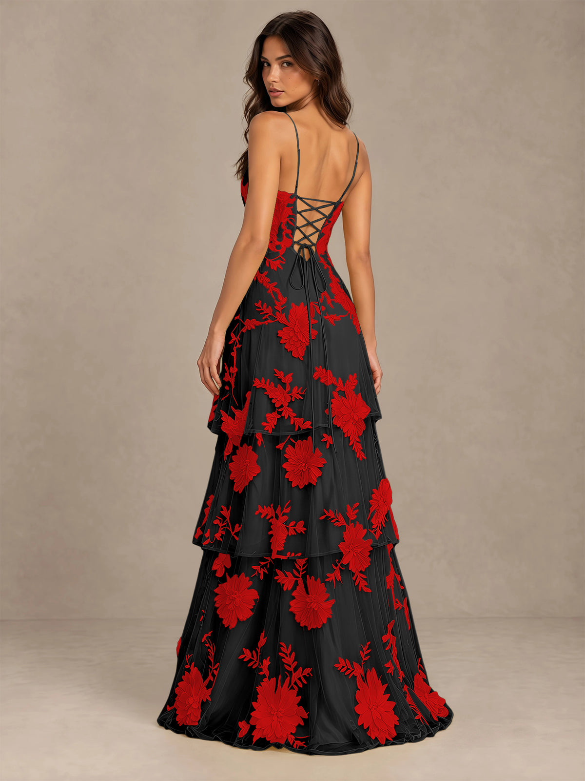 BOLODOO Black Red Floral Applique Tiered Prom Dress with Lace-Up Back - Black Red - Black Red-2