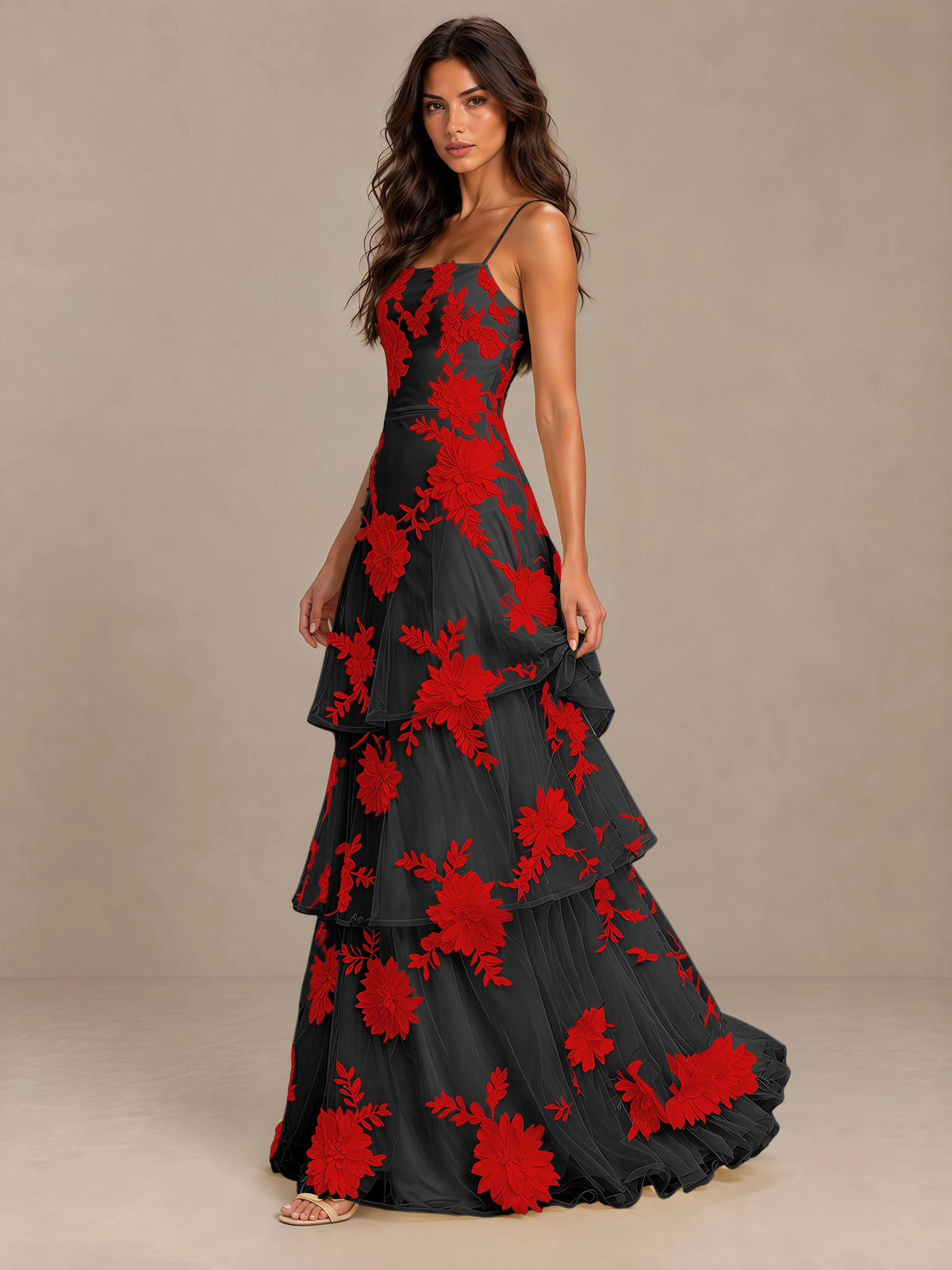 BOLODOO Black Red Floral Applique Tiered Prom Dress with Lace-Up Back - Black Red - Black Red-3