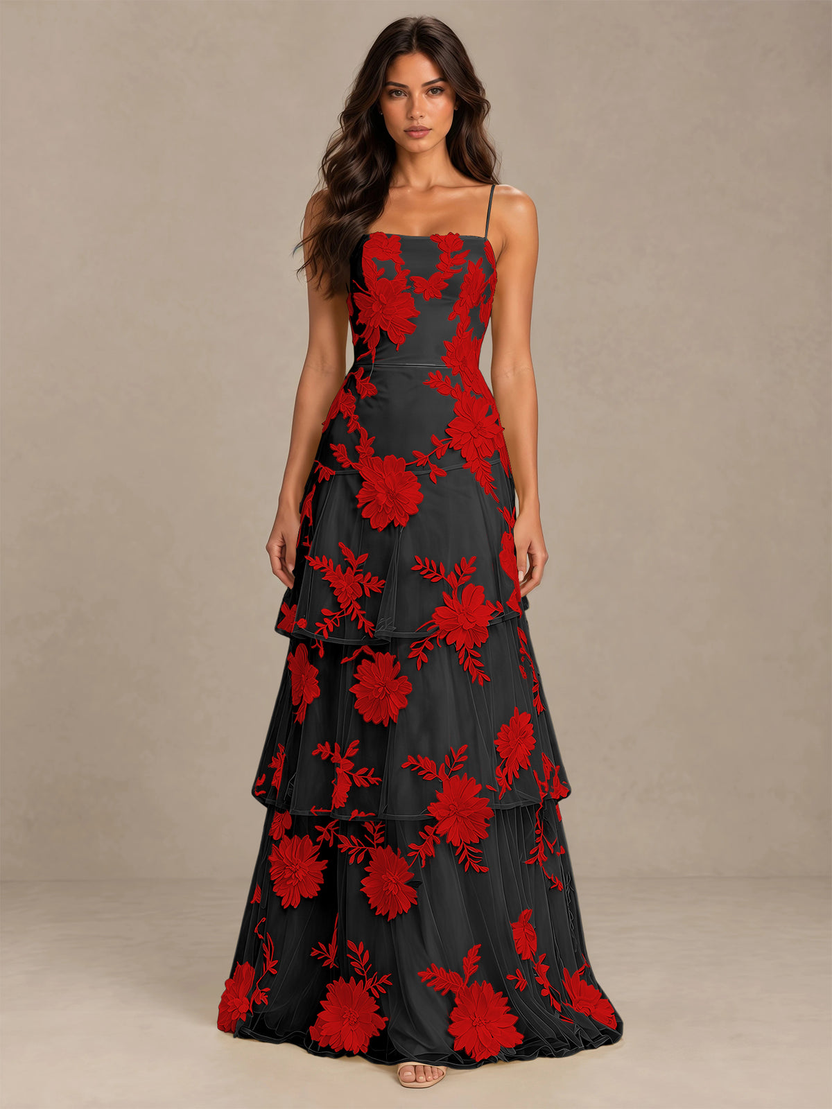 BOLODOO Black Red Floral Applique Tiered Prom Dress with Lace-Up Back - Black Red - Black Red-4