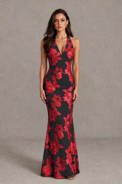 BOLODOO Black Red Floral Jacquard Halter Maxi Dress - Black Red - Black Red(1)