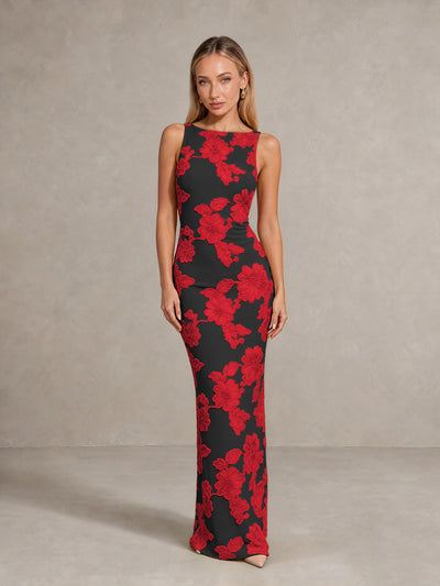 BOLODOO Black Red Floral Sleeveless Maxi Wedding Guest Dress - Black Red - Black Red(1)
