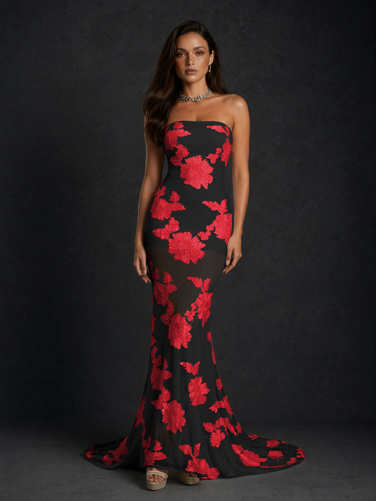 BOLODOO Black Red Champagne Gold Floral Sequin Embroidered Mesh Strapless Open Back Mermaid Maxi Dress with Train - Black Red