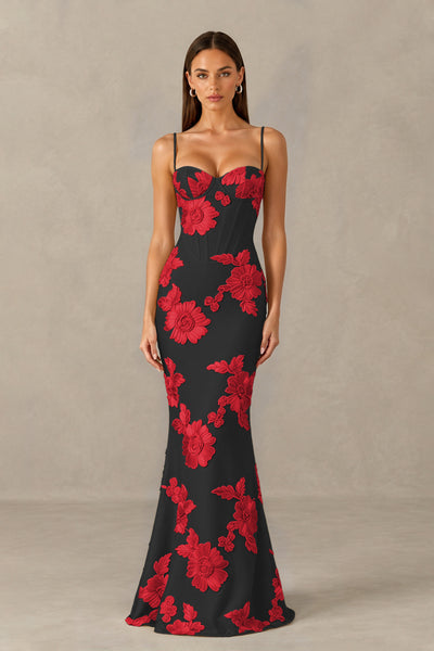 BOLODOO Black Red Floral Lace-Up Back Mermaid Maxi Dress - Black Red