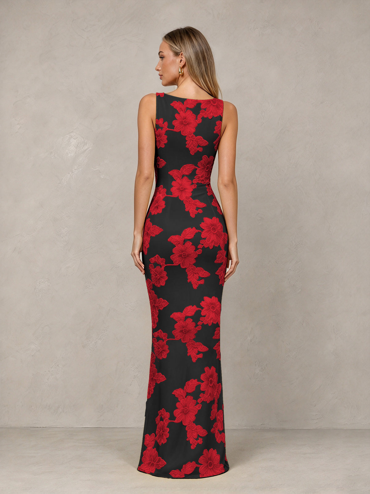 BOLODOO Black Red Floral Sleeveless Maxi Wedding Guest Dress - Black Red - Black Red(2)