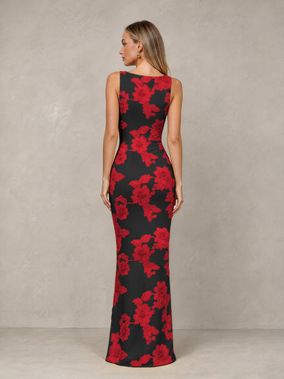 BOLODOO Black Red Floral Sleeveless Maxi Wedding Guest Dress - Black Red - Black Red(2)