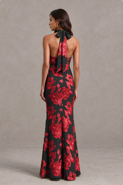 BOLODOO Black Red Floral Jacquard Halter Maxi Dress - Black Red - Black Red(2)