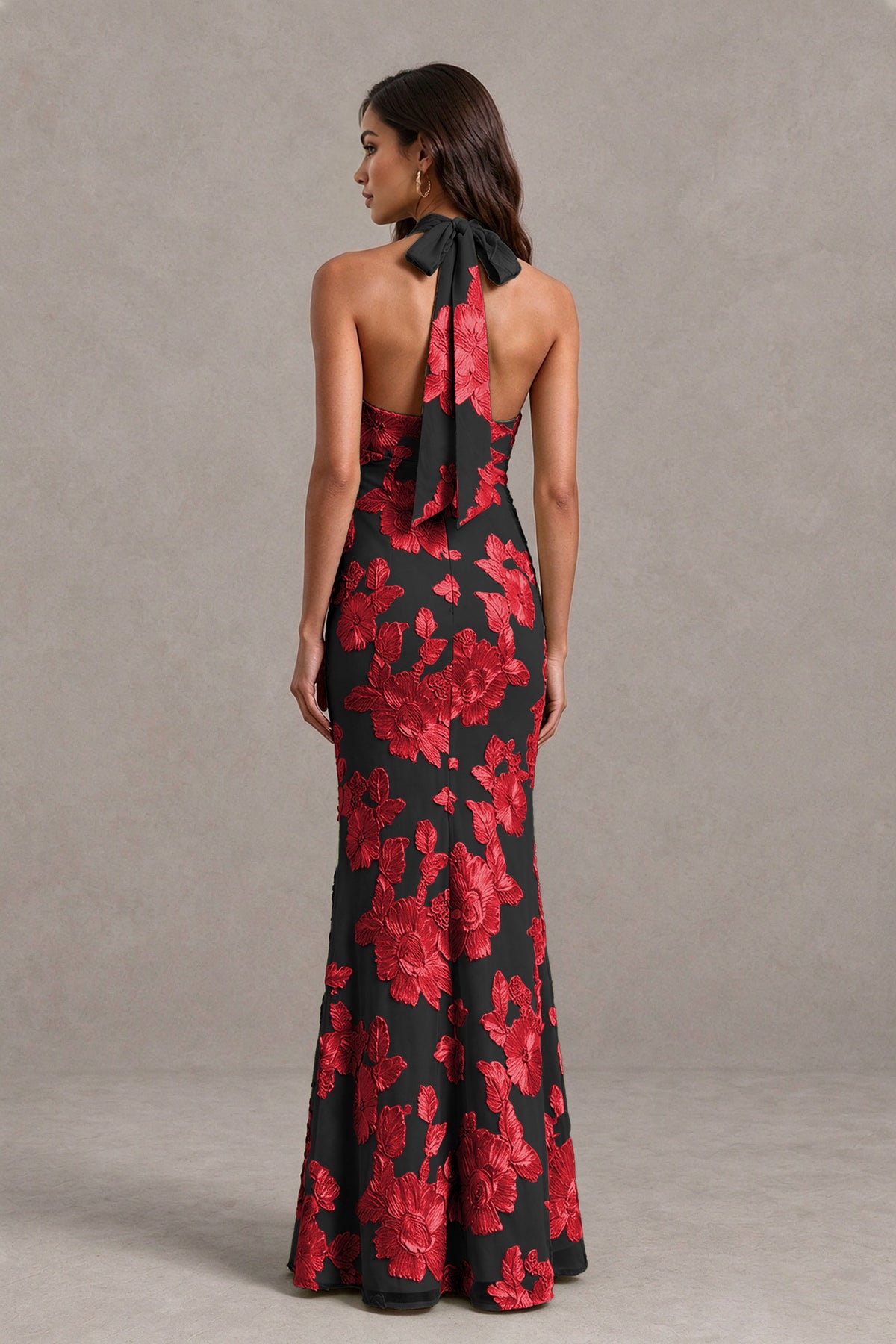 BOLODOO Black Red Floral Jacquard Halter Maxi Dress - Black Red - Black Red(2)