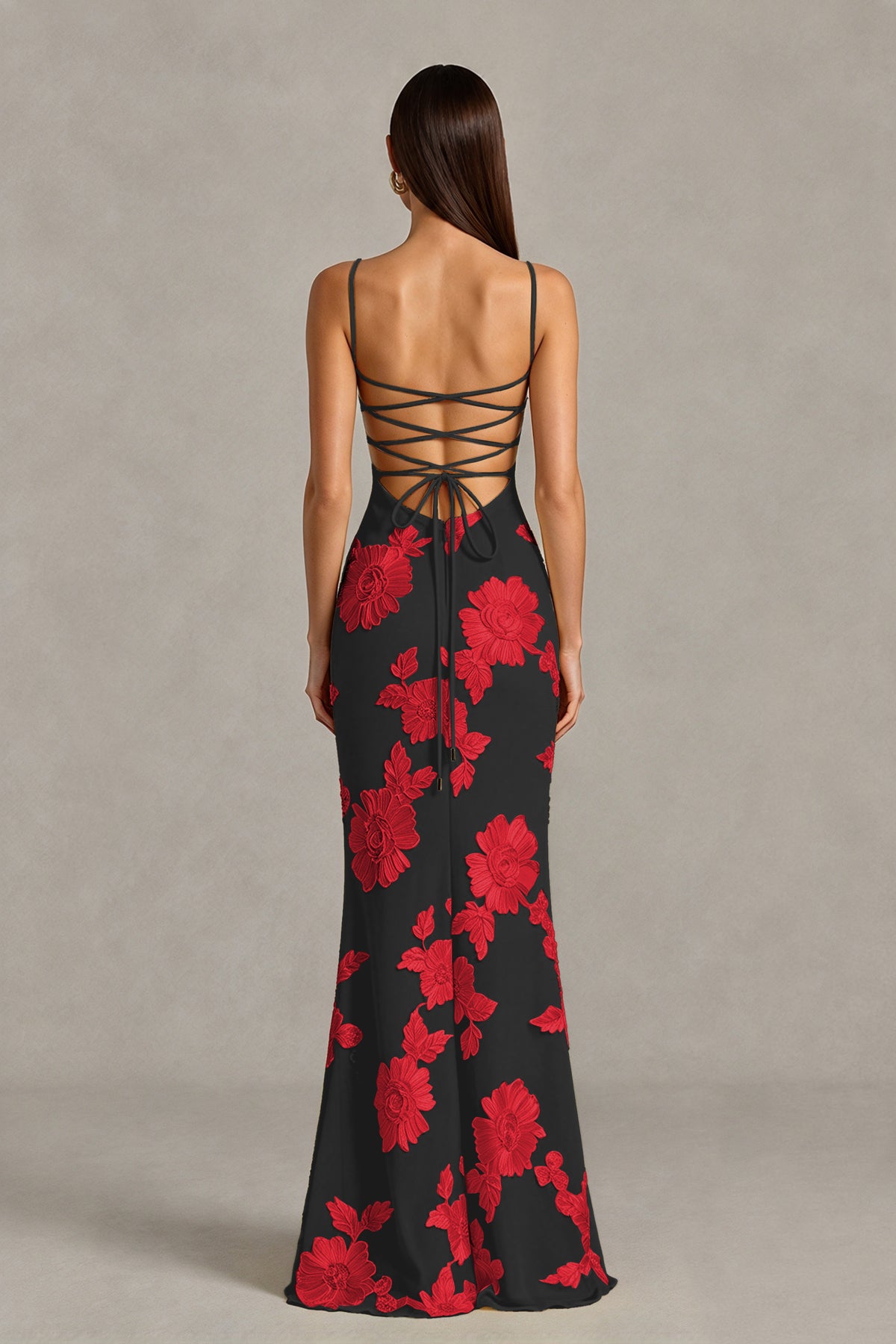 BOLODOO Black Red Floral Lace-Up Back Mermaid Maxi Dress - Black Red