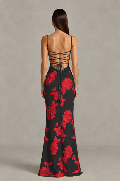 BOLODOO Black Red Floral Lace-Up Back Mermaid Maxi Dress - Black Red
