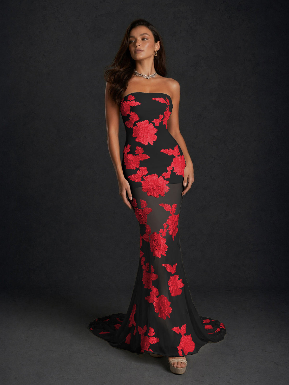 BOLODOO Black Red Champagne Gold Floral Sequin Embroidered Mesh Strapless Open Back Mermaid Maxi Dress with Train - Black Red