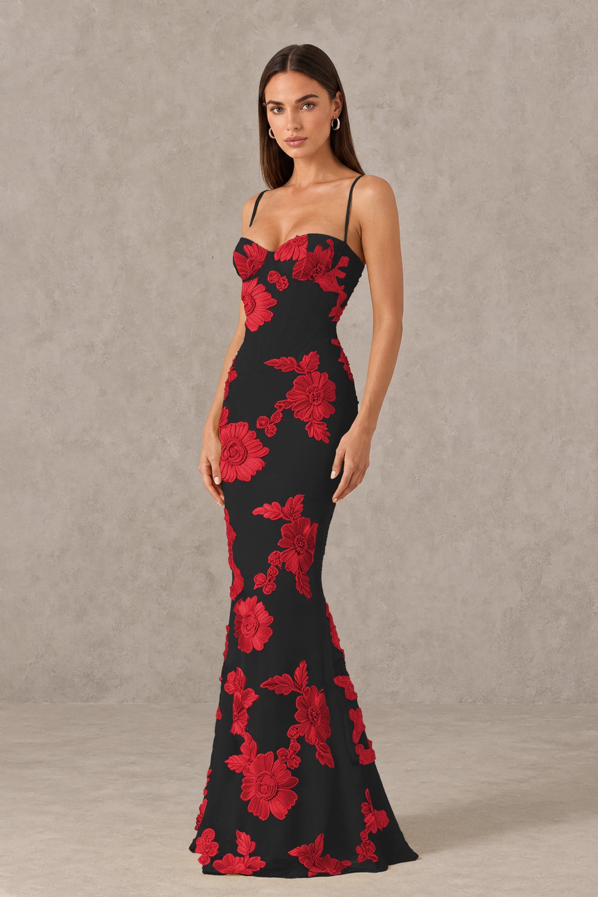 BOLODOO Black Red Floral Lace-Up Back Mermaid Maxi Dress - Black Red