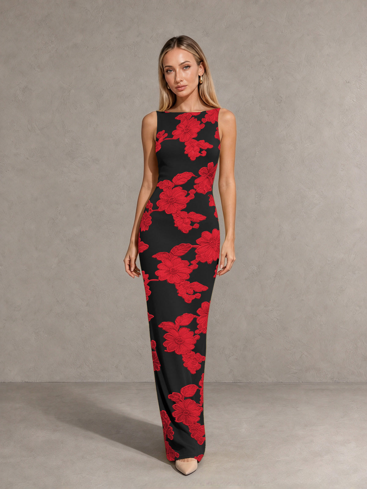 BOLODOO Black Red Floral Sleeveless Maxi Wedding Guest Dress - Black Red - Black Red(3)