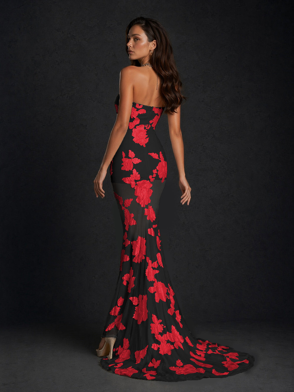 BOLODOO Black Red Champagne Gold Floral Sequin Embroidered Mesh Strapless Open Back Mermaid Maxi Dress with Train - Black Red