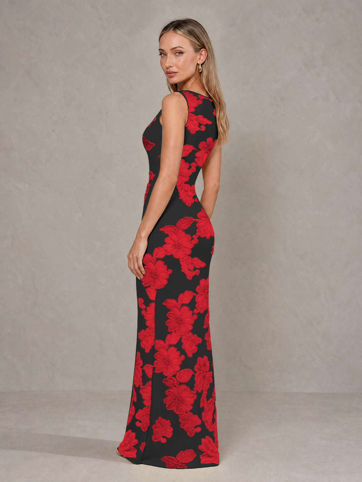BOLODOO Black Red Floral Sleeveless Maxi Wedding Guest Dress - Black Red - Black Red(4)