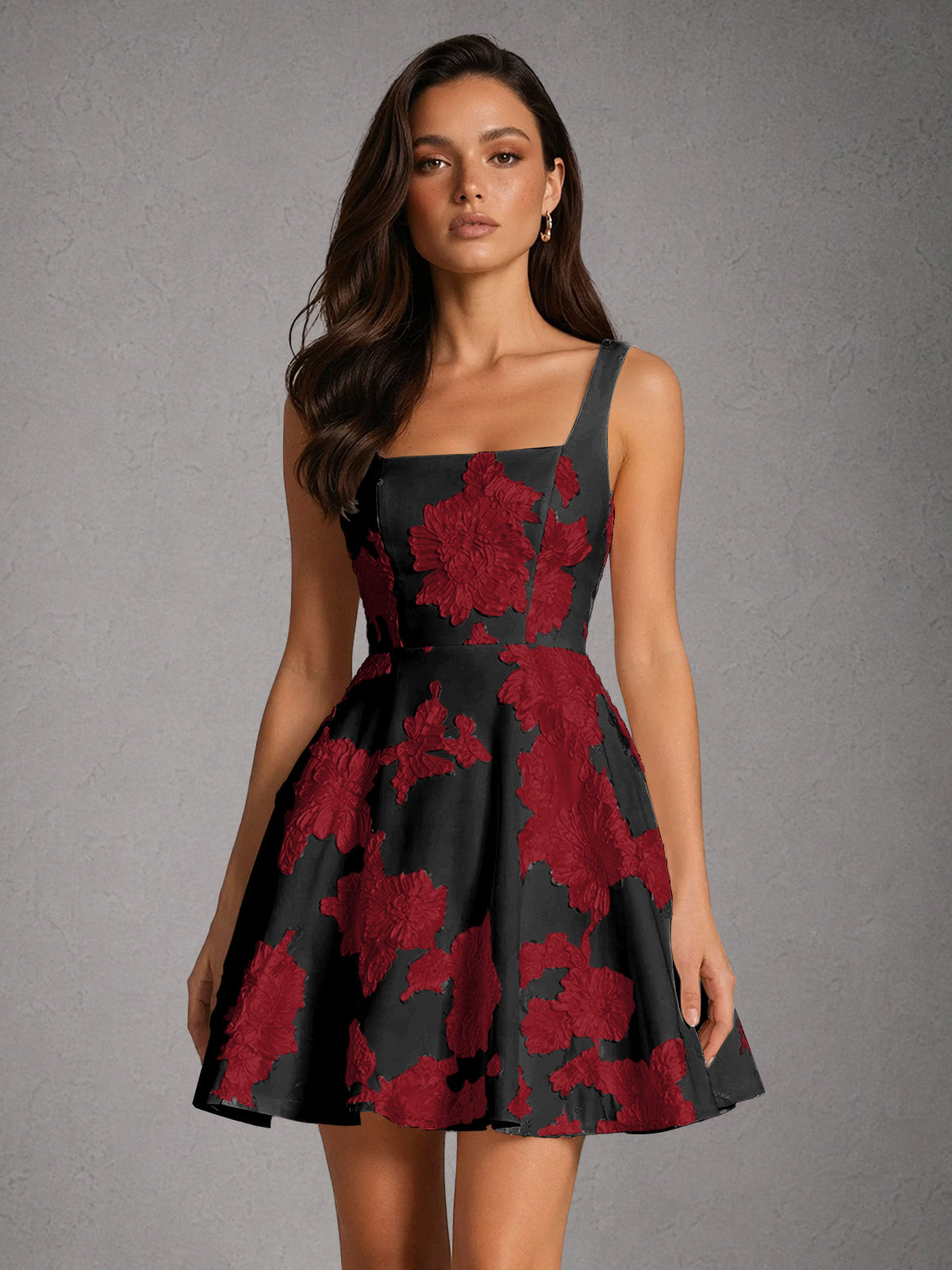 BOLODOO Pearl Black Red Iridescent Floral Embroidered Square Neck Wide Strap A-Line Mini Dress with Lace-Up Back - Black Red