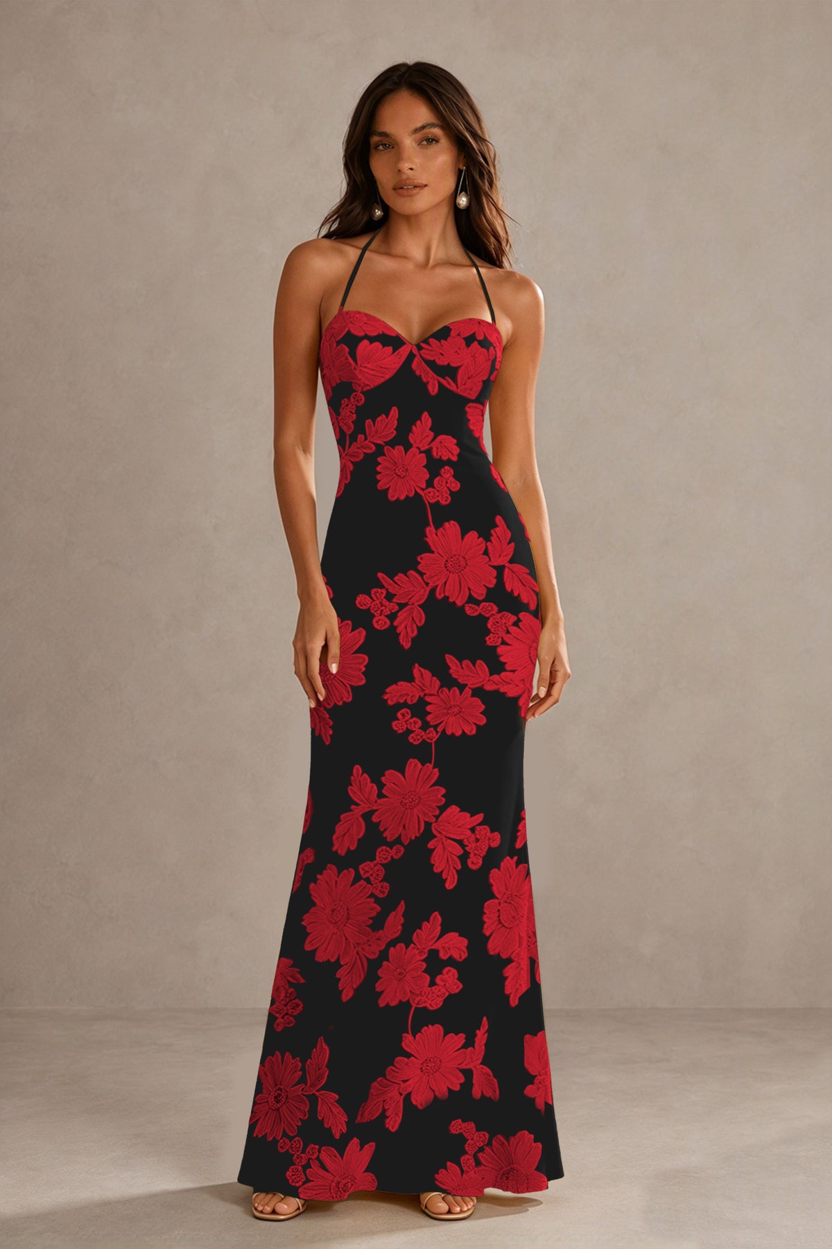 BOLODOO Black Red Halter Sweetheart Floral Embroidered Lace-Up Open Back Maxi Dress | BD0257 - Black Red