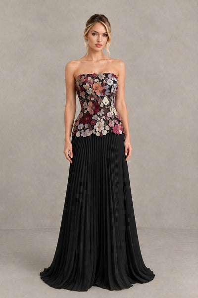 BOLODOO Black Red Strapless Floral Applique Pleated Evening Dress - Black Red - Black Red (1)